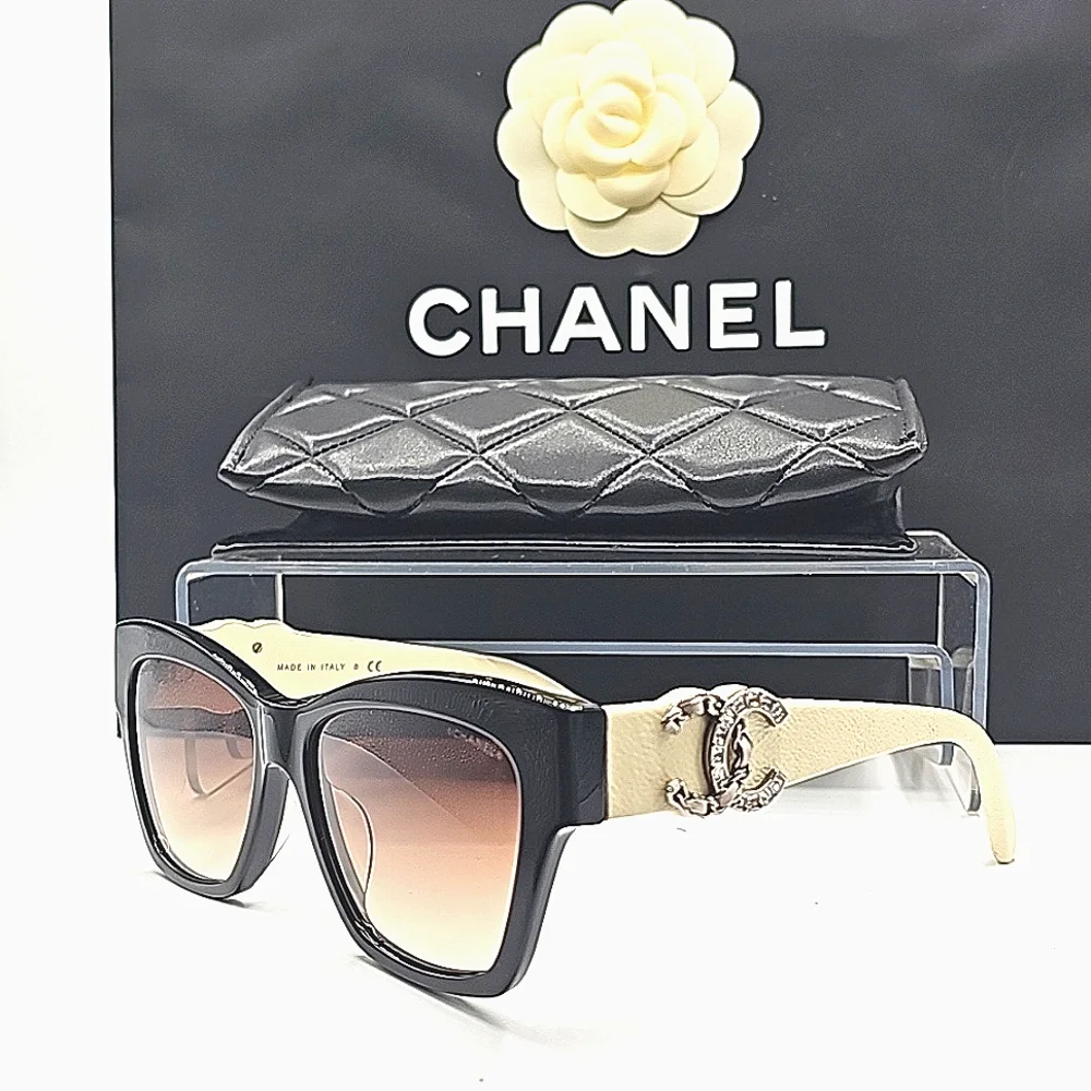 CHANEL CREAM AND BLACK SUNGLASSES CRYSTAL 5456QA C501S5 - Picture 2 of 12